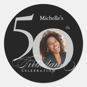 Sticker Rond Elégant Silver Black Photo 50e anniversaire