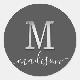 Sticker Rond Élégant Silver Personnalisé Monogramme M Nom