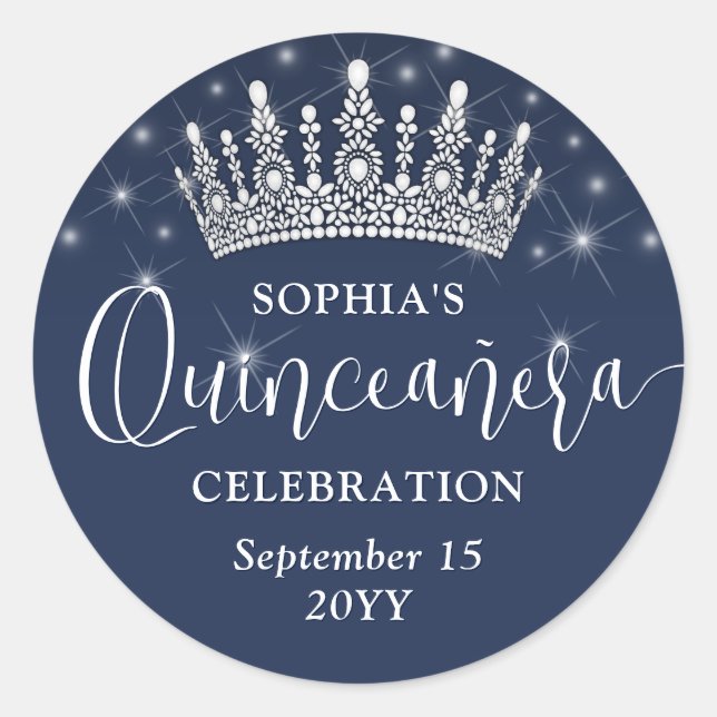 Sticker Rond Elegant Sparkles Quinceañera Crown Navy Blue (Devant)