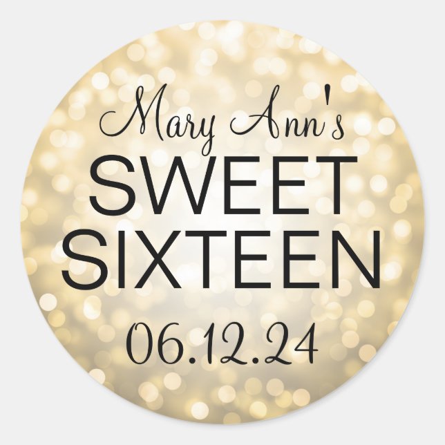 Sticker Rond Élégant Sweet 16 Lumières Parties scintillant Or A (Devant)