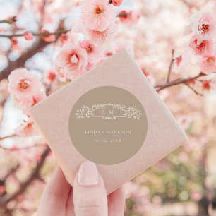 Sticker Rond Élégant Taupe mariage de monogramme de crête botan