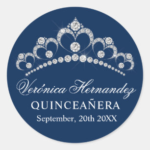 Sticker Rond Elégant Tiara Navy Bleu espagnol Quinceañera Quinc
