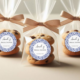 Sticker Rond Élégant Toile Bleu Floral Baby Shower de Mariage