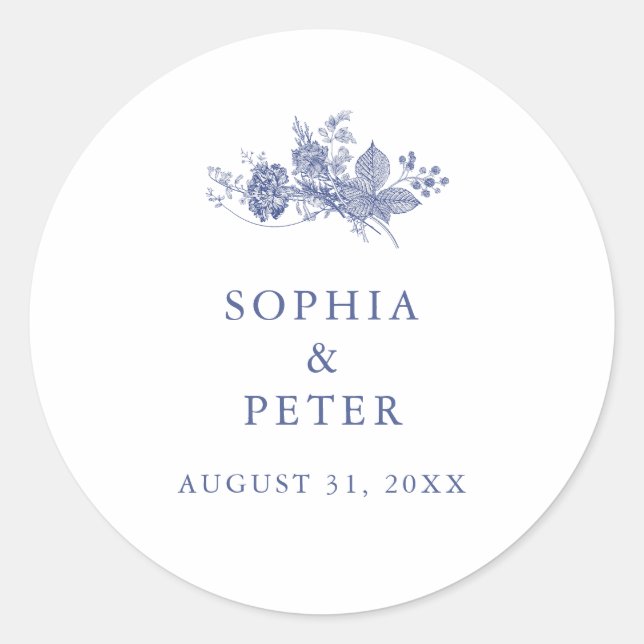 Sticker Rond Élégant Toile Français Bleu Mariage Favoriser Stic (Devant)