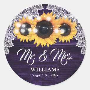 Sticker Rond Élégant Tournesol Mariage Bois Lace Violet