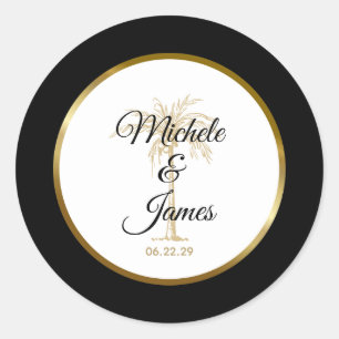 Sticker Rond Elégant Tropical Gold Palm Tree Mariage moderne