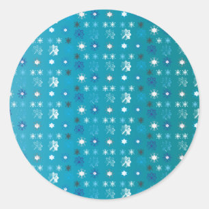 Sticker Rond Elégant turquoise et blanc, étoiles et flocons de 