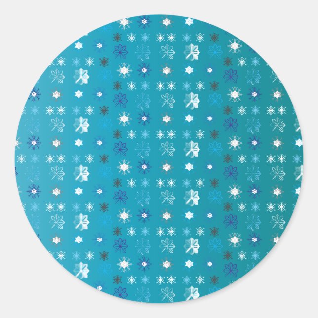 Sticker Rond Elégant turquoise et blanc, étoiles et flocons de  (Devant)