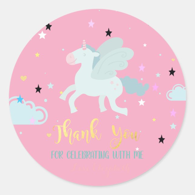 Sticker Rond Élégant Unicorne Bleue, Étoiles, Nuage (Devant)