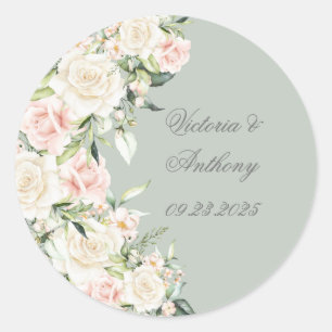Sticker Rond Elégant vert Aquarelle Floral Script Mariage