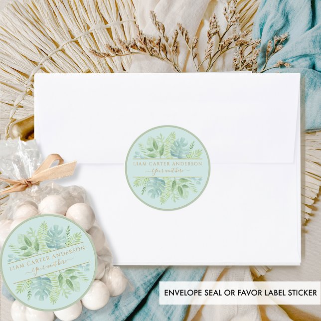 Sticker Rond Elégant Vert et Bleu Aquarelle Verdure Classique (Créateur téléchargé)