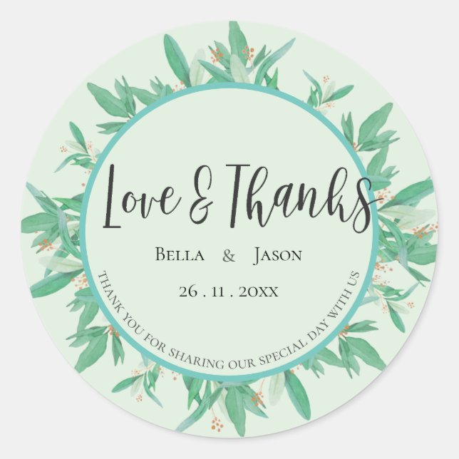 Sticker Rond Élégant Vert Feuille verdure Mariage Merci (Devant)