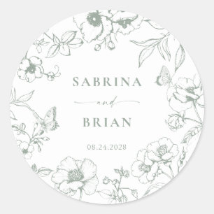 Sticker Rond Élégant Vert Sauge Classique Floral Mariage 
