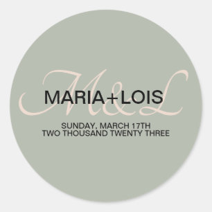 Sticker Rond Élégant Vert Sauge Rose Mariage Monogrammé