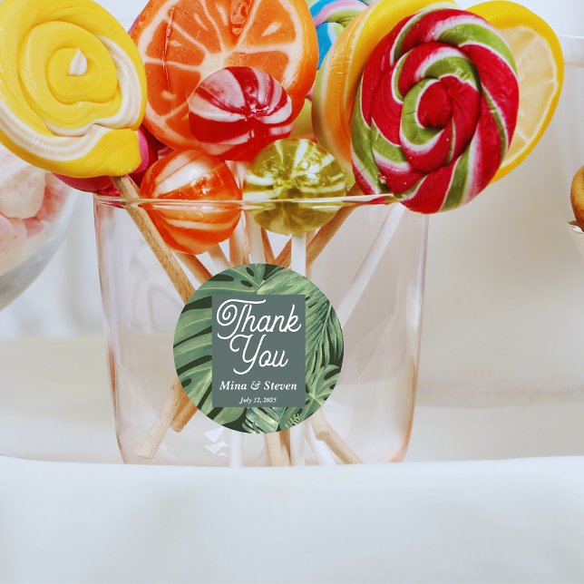 Sticker Rond Elégant vert tropical botanique merci mariage (Créateur téléchargé)