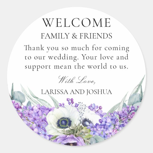Sticker Rond Élégant Violet Floral Mariage Favor Merci Clas (Devant)