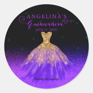 Sticker Rond Élégant violet Gold Spanish Gown Quinceañera