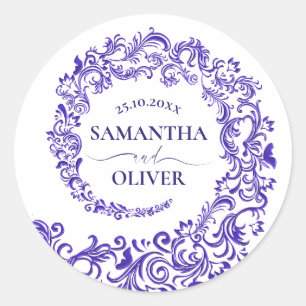 Sticker Rond Élégant violet Mariage damassé