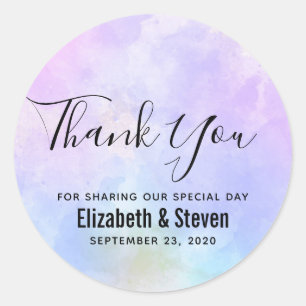Sticker Rond Elégant violet rose bleu Mariage d'aquarelle Merci