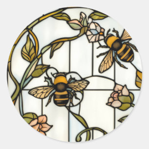 Sticker Rond Élégant vitrail art nouveau botanique abeille