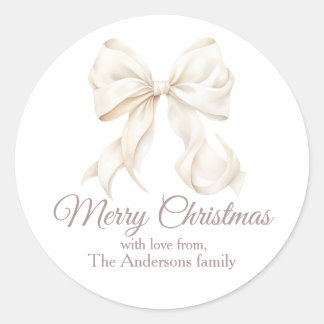 Sticker Rond Elegant White Bow Merry Christmas 