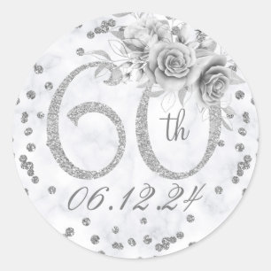Sticker Rond Élégante 60e fête d'anniversaire Glam Marble Argen