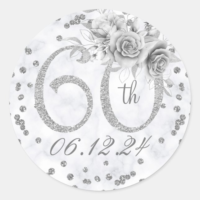 Sticker Rond Élégante 60e fête d'anniversaire Glam Marble Argen (Devant)