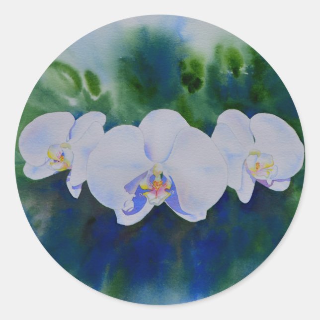 Sticker Rond Elégante aquarelle blanche orchidées boho tropical (Devant)