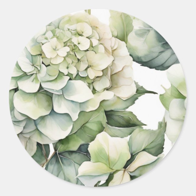 Sticker Rond Elégante aquarelle blanche vert hydrangée florale (Devant)