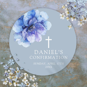 Sticker Rond Elégante aquarelle bleu Dusty Confirmation florale