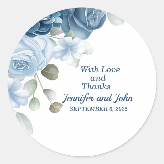 Sticker Rond Elégante aquarelle bleu Rose Mariage floral (Devant)