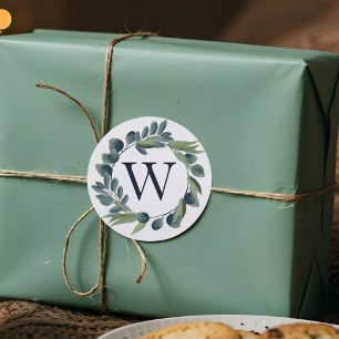 Sticker Rond Elégante aquarelle de feuillage d'hiver Monogramme