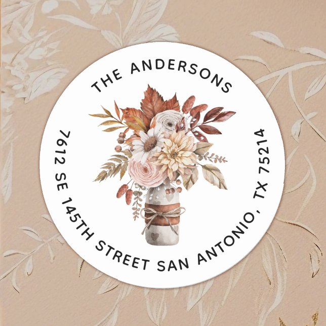 Sticker Rond Elégante aquarelle en terre cuite Floral Mason Jar (Elegant Autumn fall wedding return address labels)
