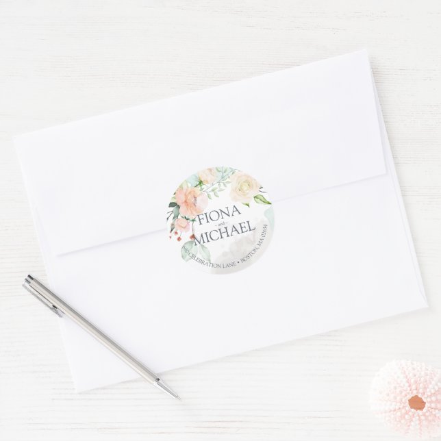 Sticker Rond Elégante aquarelle Floral Mariage Adresse de retou (Enveloppe)