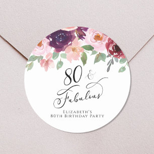 Sticker Rond Elégante aquarelle florale 80e fête d'anniversaire