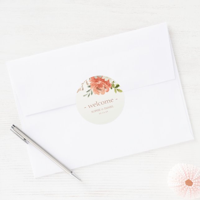 Sticker Rond Elégante aquarelle Florale Couple Mariage Bienvenu (Enveloppe)