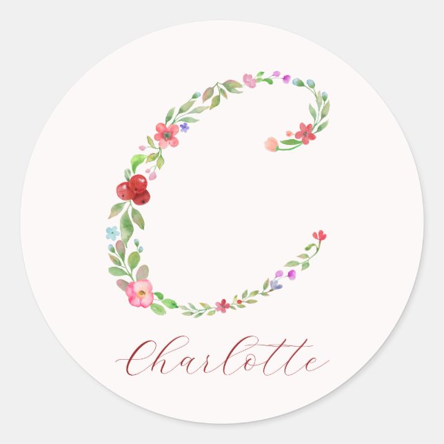 Sticker Rond Élégante aquarelle Florale Lettre C (Devant)