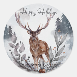 Sticker Rond Elégante aquarelle gris hiver Cerf de Noël