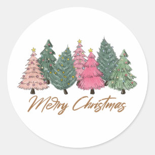 Sticker Rond Elégante aquarelle Noël Arbres Joyeux Noël