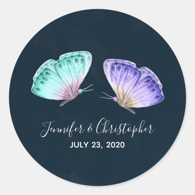 Sticker Rond Elégante aquarelle papillon Duo Mariage Date (Devant)