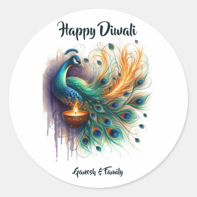 Sticker Rond Elégante aquarelle Peacock Diwali (Devant)