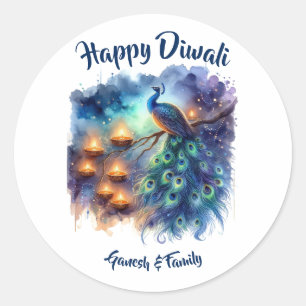 Sticker Rond Elégante aquarelle Peacock Diwali