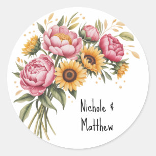 Sticker Rond Elégante aquarelle Peony Bouquet Mariage