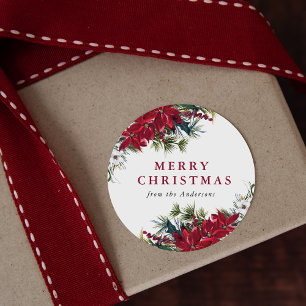 Sticker Rond Elégante aquarelle Poinsettia Joyeux Noël