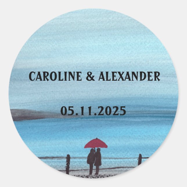 Sticker Rond Elégante Aquarelle Rouge Parapluie Couple Mariage (Devant)