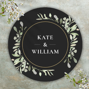 Sticker Rond Elégante aquarelle verdure Mariage Noir Favor