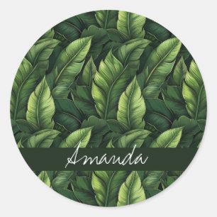 Sticker Rond Elégante aquarelle verte Banane feuille avec nom
