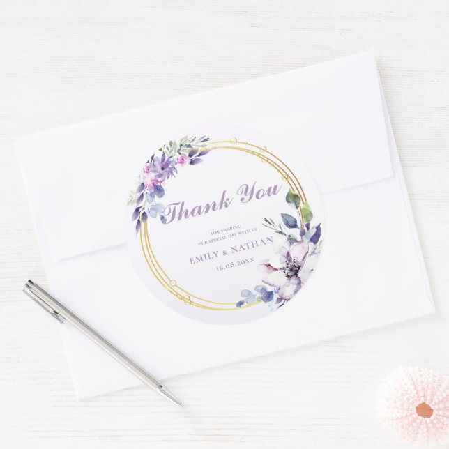 Sticker Rond Elégante aquarelle violet Mariage Merci (Enveloppe)