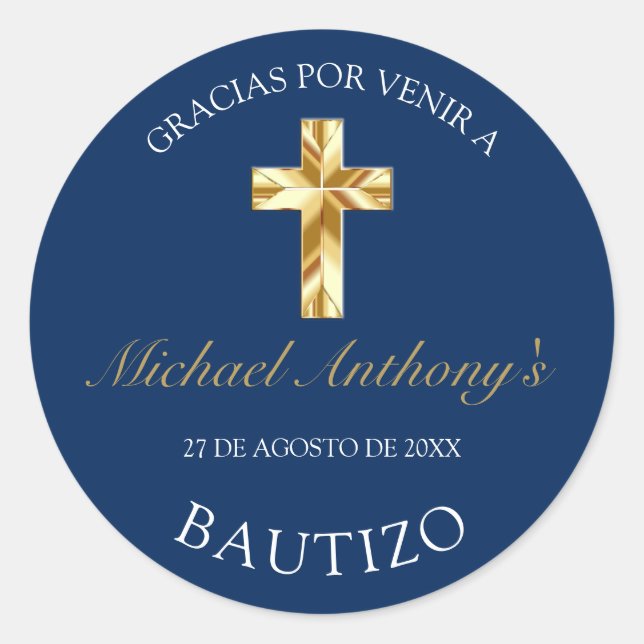 Sticker Rond Elegante Bautismo de Bebé Azul Dorado Gracias (Devant)