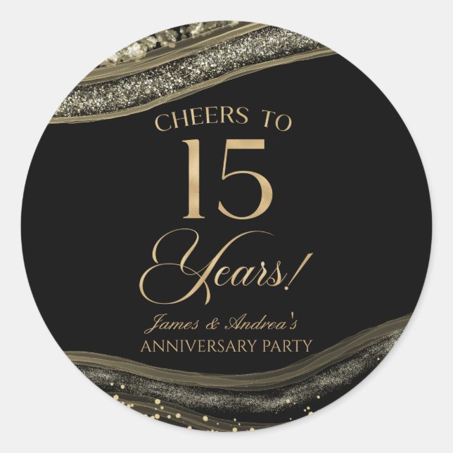 Sticker Rond Élégante Black Gold Agate 15e anniversaire fête (Devant)